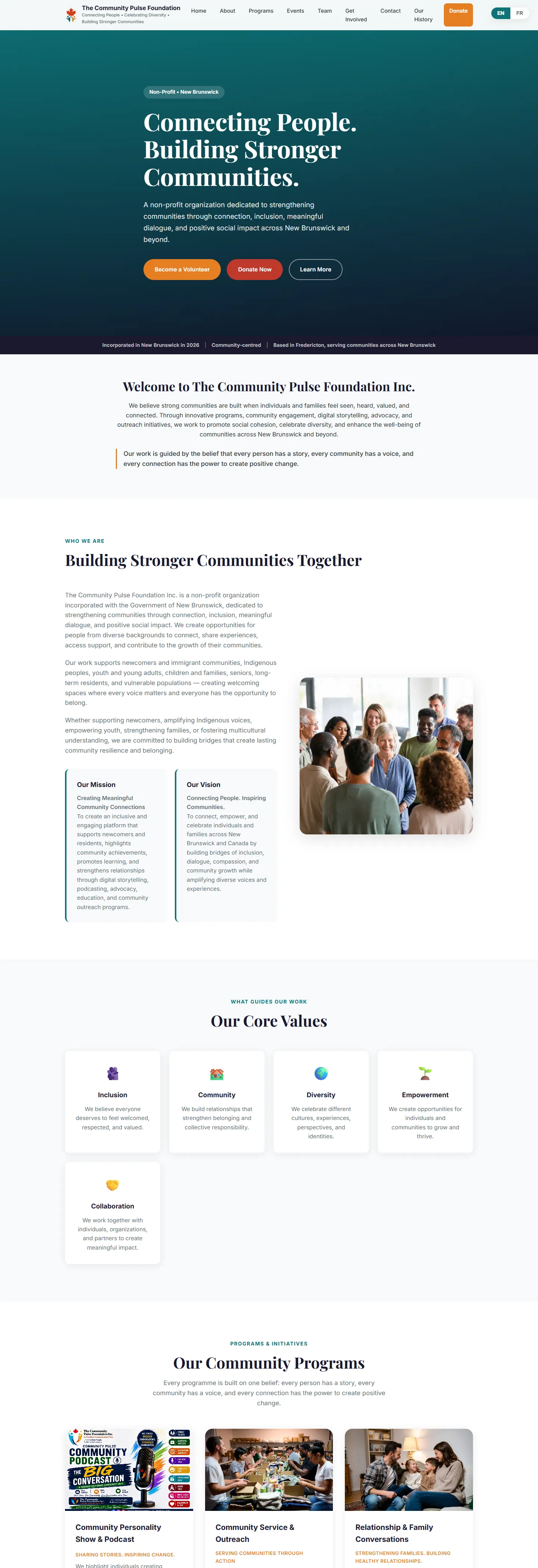 The Community Pulse Foundation homepage, headlined “Connecting People. Building Stronger Communities.”