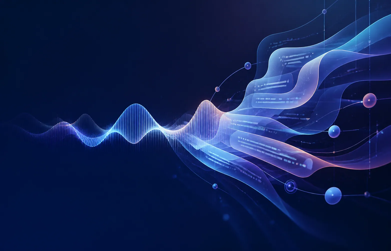 Oralyvo brand artwork: an indigo voice waveform flowing into layered ribbons of organized information