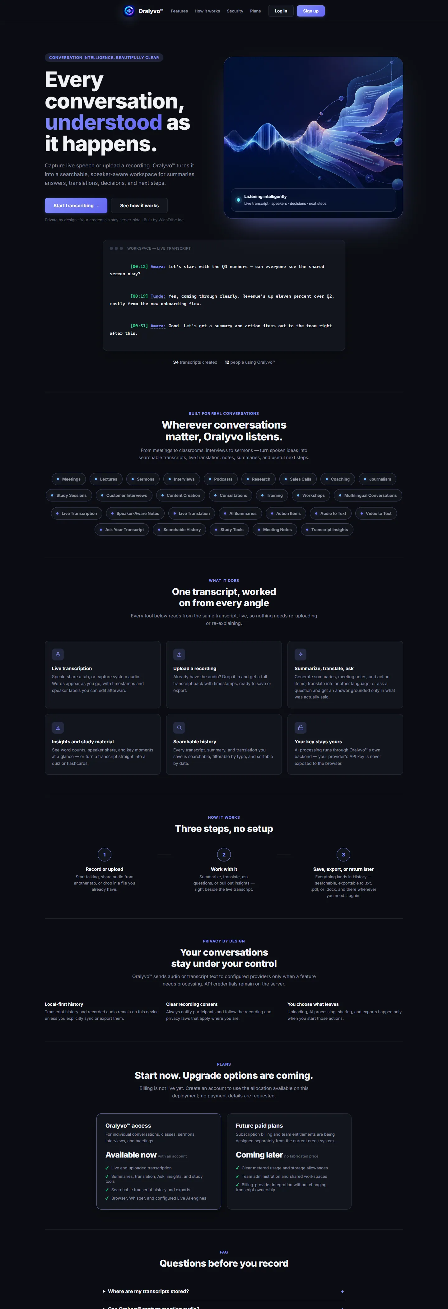 The Oralyvo homepage from hero section through use cases and features