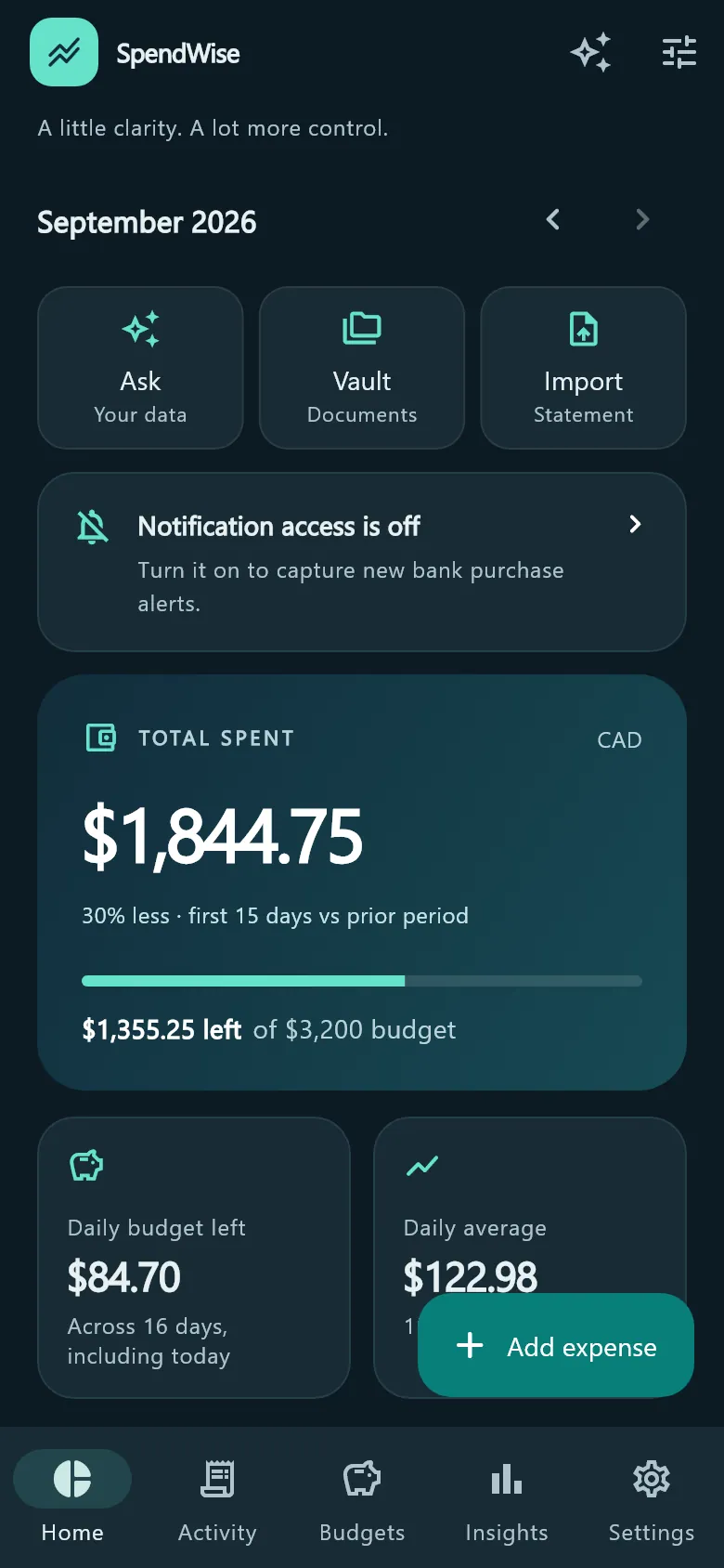 SpendWise home screen in dark mode