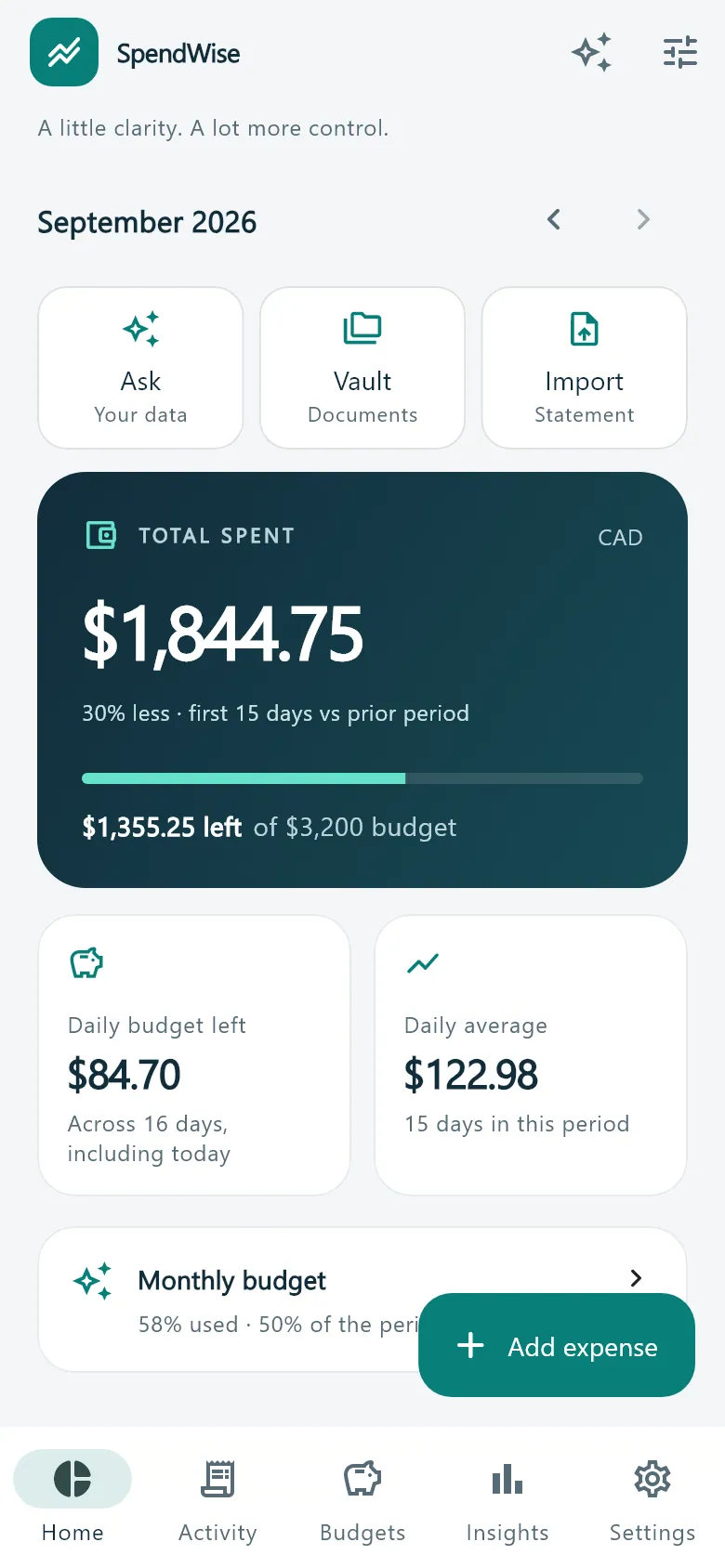 The SpendWise app home screen